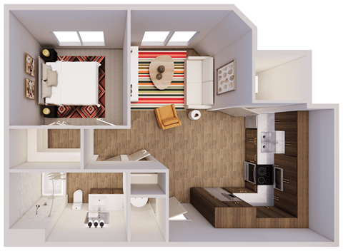 Floor plan for 1 bed, 1 bath, 627 sqft